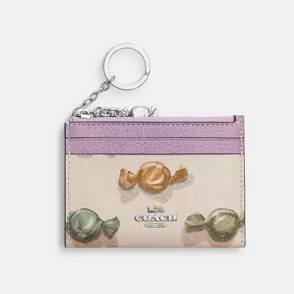 Coach Mini Skinny Id Case Wallet Candy Print w/ Charm NWT Pebble Leather